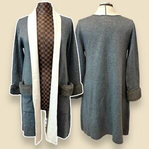 Vertigo Duster Cardigan Fur Trim Open Front Long Gray Sz M Sweater Coatigan
